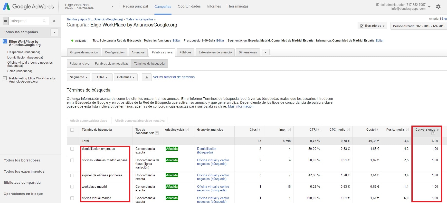 Términos de búsqueda SEM adwords exactos