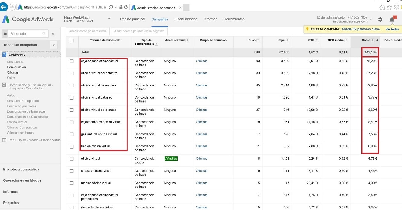Términos de búsqueda SEM adwords mal definidos